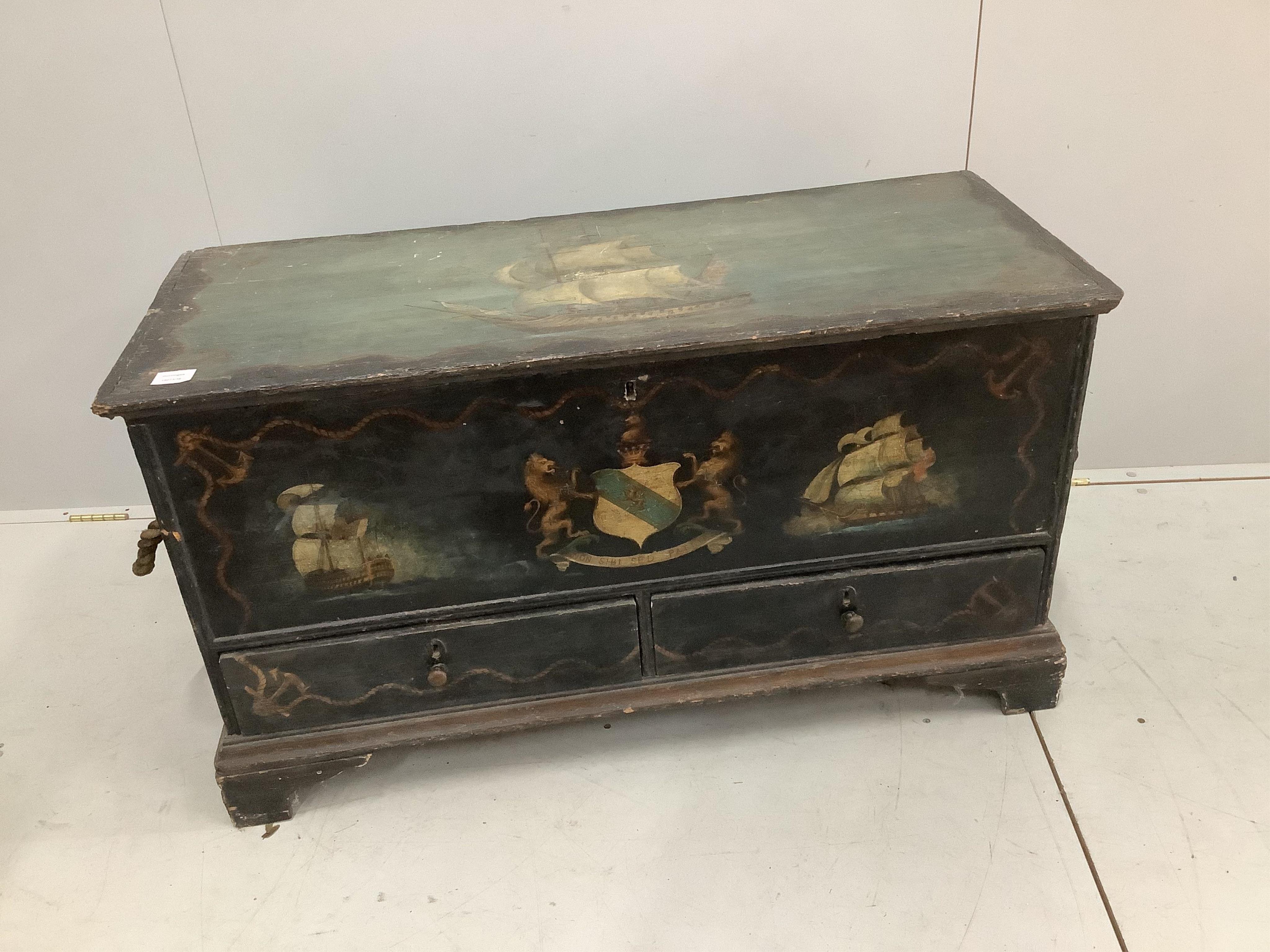 A 19th century painted pine mule chest decorated with a central armorial and English warships, width 110cm, depth 46cm, height 62cm. Condition - fair